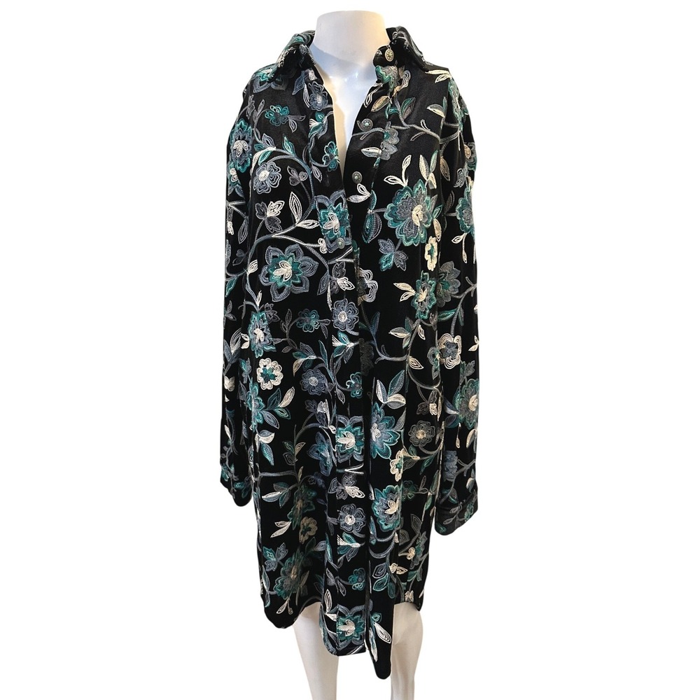 Silverado Womens L Black Velvet Floral Embroidered Tunic Button Front Top Artsy